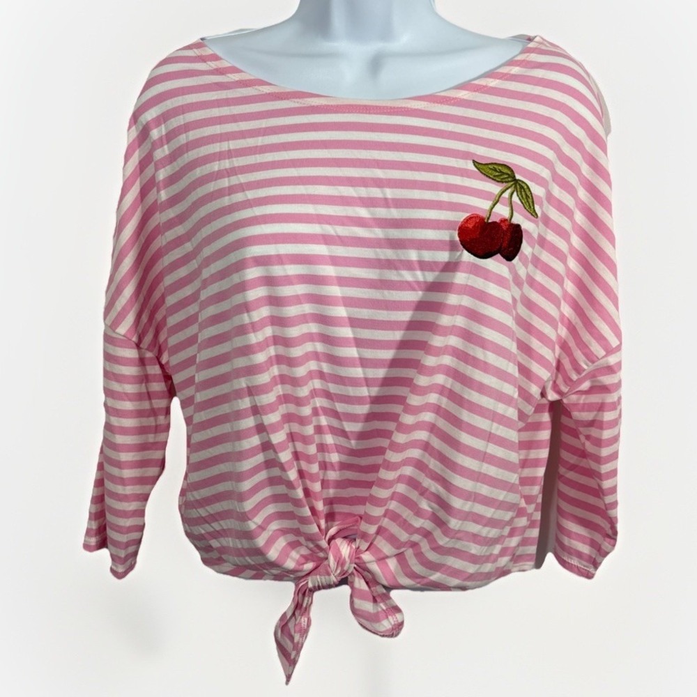 Y2K Coquette Pink White Striped Cherry Embroidered Tie Front Crop Top Size M